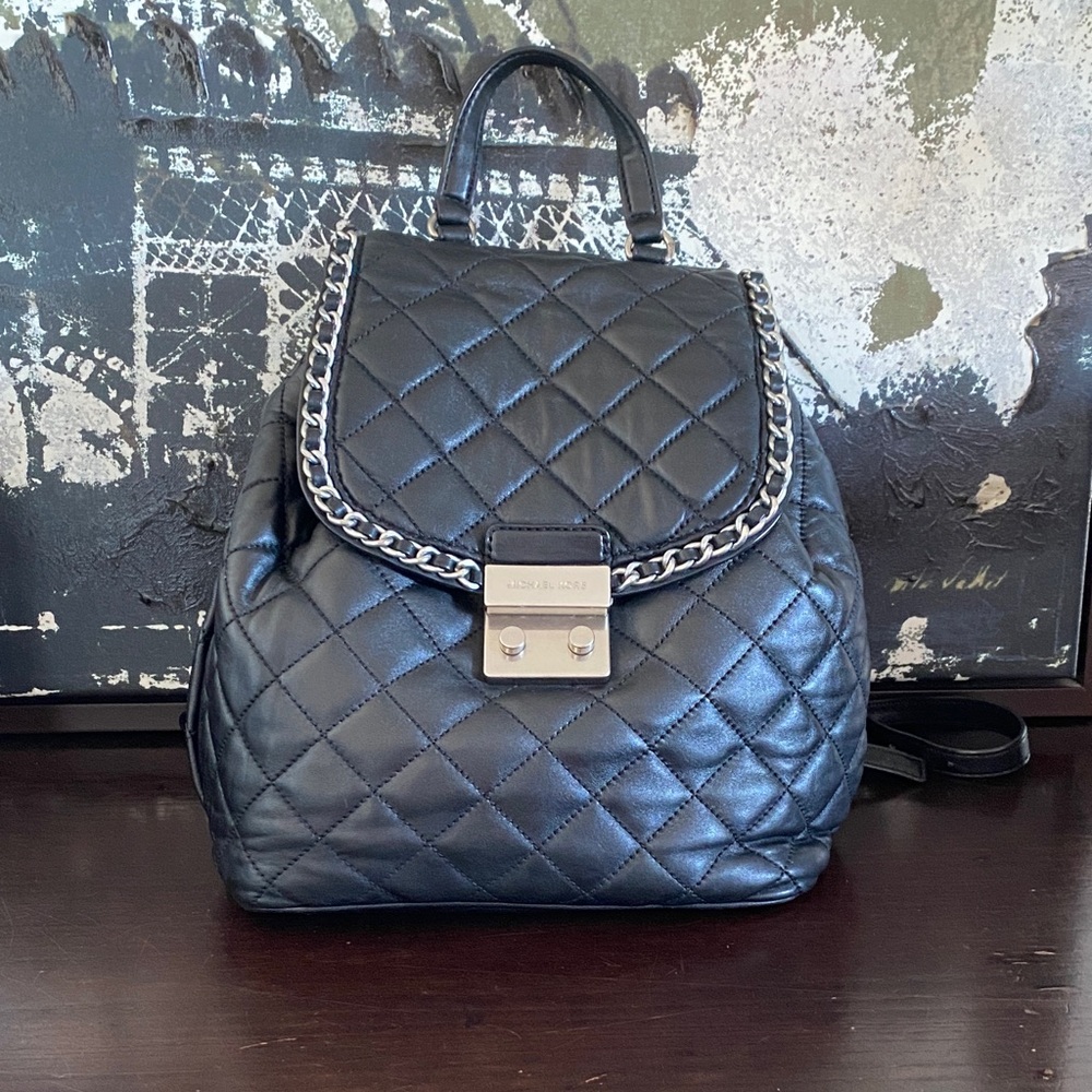Authentic Michael Kors Black Leather Quilted Backpack with Chain Detail